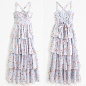 Abercrombie & Fitch Petite Lace Up Back Tiered Maxi Dress Blue Floral